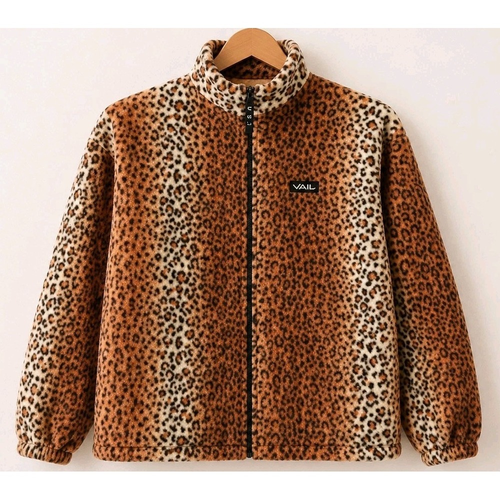 Vail USA Leopard Print Fleece Jacket Large Made In USA Thick Cozy Full Zip